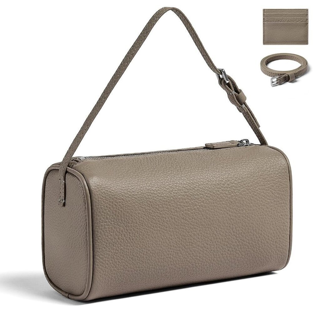 Women Grey Genuine Calfskin Leather Barrel Crossbody Bag with Adjustable Strap